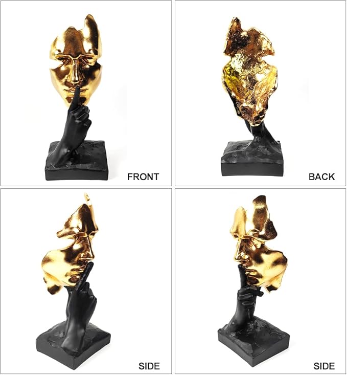 Thinker Statue-Silence is Gold-Abstract Art Figurine Decor - 12" H No Hear No See No Speak Modern Home Resin Sculptures Decorative Objects Decor for Home Office Bookshelf Desktop