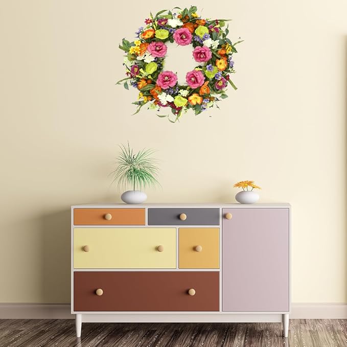 Artificial Spring Summer Wreaths for Front Door 22'' Peony Wreath Colorful Floral Wreath with Peony,Daisy,Poppy Flower Lavender for Indoor Outdoor Farmhouse Home Wall Window Festival Decoration