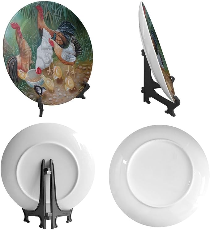 Rooster Decorative Plate Stand, 10 Inch, Rooster Hen Chicks Foraging Round Display Plate, Table Top Plate Decor with Stand, for Wall Hanging Living Room Bathroom Decor Gift