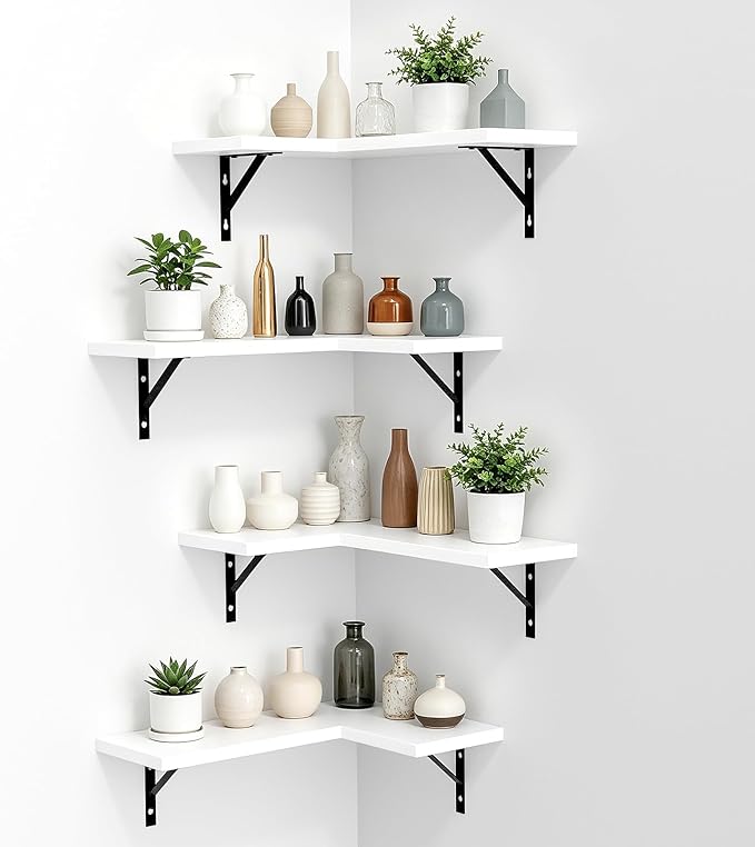 NATURE'S SOURCE Corner Floating Shelves Set of 4, Corner Shelves Wall Mounted, for Bedroom Kitchen Living Room Bathroom Office- Modern Style (White, Set of 4)