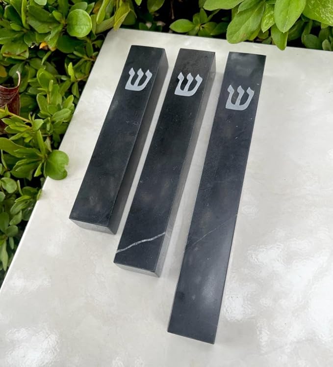 A&S Mezuzot Quartz Mezuzah Case with Engraved Shin Design Easy Peel and Stick Judaica Door Mezuza (Black Quarts, 7 Inches)
