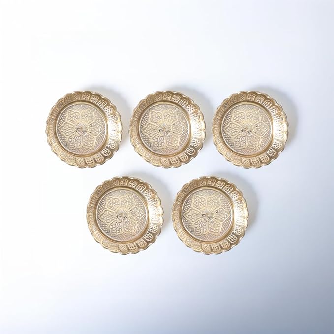 Shubhkart Solid Brass Decorative Nakshi Plate Set for Puja, Decoration & Diwali Gifting (Small 7 cm, Pack of 5, Solid Brass)