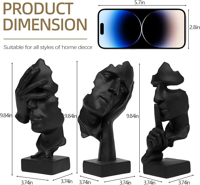 aboxoo Large Size 3 Pcs Thinker Statue, Silence is Gold, See No Evil Hear No Evil Speak No Evil Statues, Modern Resin Sculptures Decor for Living Room Home, Office, Study (Black)