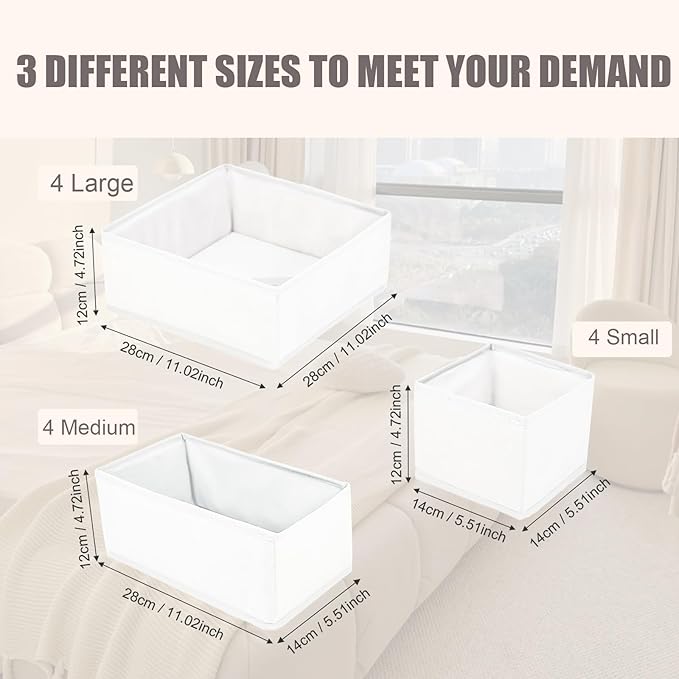 Drawer Organizer Clothes 12 Pack Clothes Organizer Dresser Drawer Organizers for Socks Underwears Bras Foldable Closet Organizers and Storage Fabric Storage Dividers for Nursery Bedroom, White