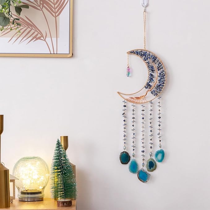 Agate Moon Dream Catchers with Crystal 7 Chakra Gemstone Dream Catchers Color Natural Gem Agate Wall Hangings Room Garden Dreamcatchers Decor (Lake Blue)