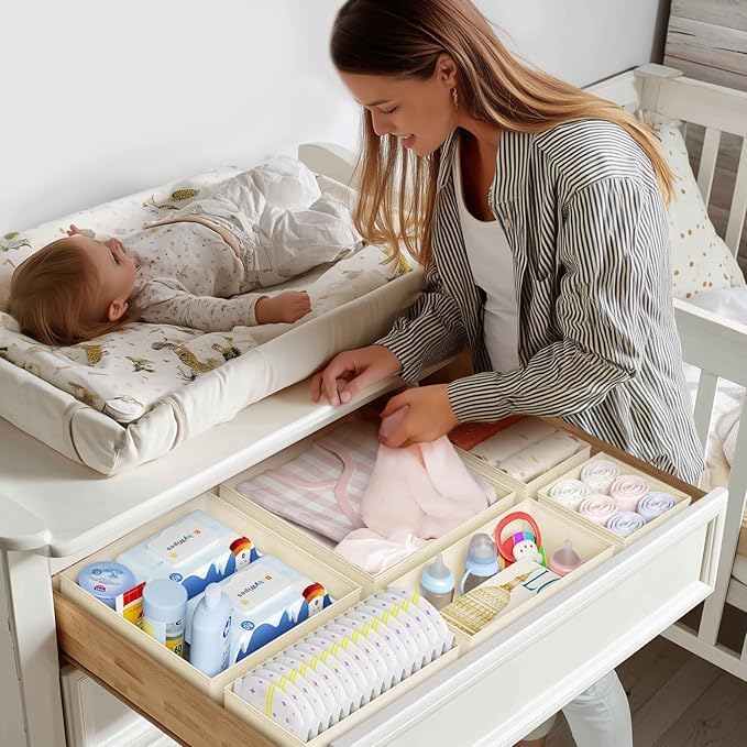 DIMJ Drawer Organizer Clothes 10 Pack - Foldable Baby Organizers and Storage & Dresser Organizer for Bedroom, Closet - Nursery Organization Dresser Dividers for underwear, Sock,Bra, Belt, Tie, Beige