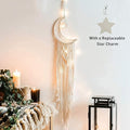 Boho Macrame Woven Wall Hanging, Crochet Crescent Moon Star Dream Catcher with Long Tassel- White Cotton Handmade Bohemian Home Decor Decoration Art Craft for Kids Bedroom Dorm Room