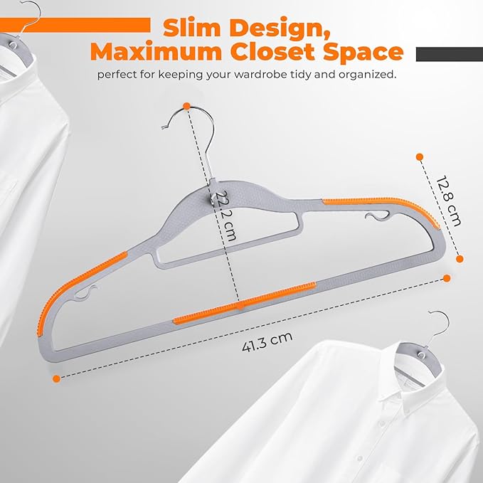 Plastic Hangers 50 Pack, Cascading Slim Space Saving Clothing Hangers with 360° Rotating Hook, Non Slip Clothes Hangers for Sweater Shirt, Heavy Duty Coat Hanger with Inner Hook for Closet, Grey