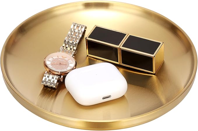 Round Key Dish for Entry Table Stainless Steel Display Tray Gold Candle Plate Jewelry Display Holder for Vanity Kitchen Coffee Counter, 7.5" x 7.5" x 1.2"