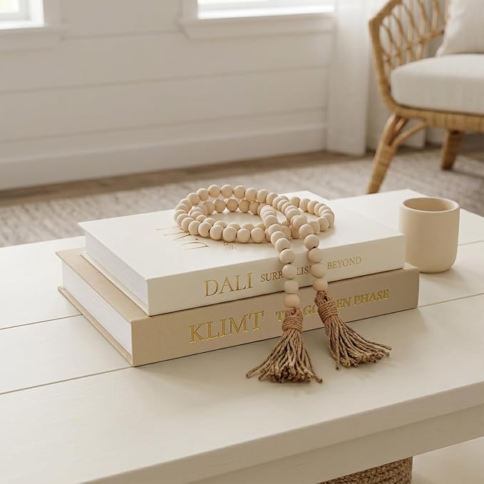 Decorative Fake Books Storage Set - 3-Piece Linen Coffee Table Decor (2 Faux Books + 1 Wood Bead Garland), Neutral Boho Japandi Room Styling Props for Bookshelf & Entryway (Khaki/Off-White)