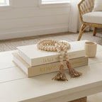 Decorative Fake Books Storage Set - 3-Piece Linen Coffee Table Decor (2 Faux Books + 1 Wood Bead Garland), Neutral Boho Japandi Room Styling Props for Bookshelf & Entryway (Khaki/Off-White)