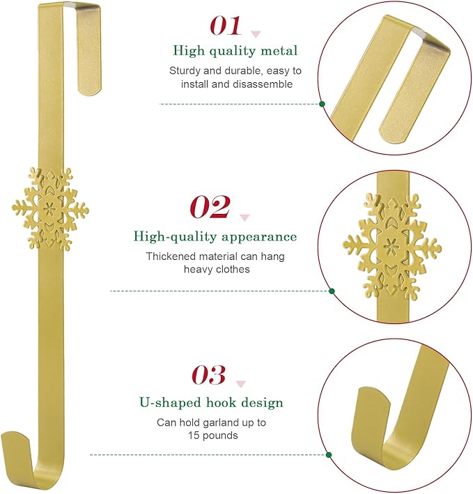 15 inches Christmas Decorative Wreath Hangers for Front Door;Over the Door Hooks (Gold, Snowflake)