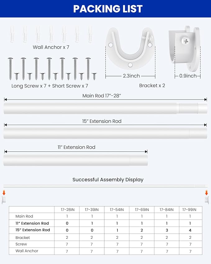 Closet Rods for Hanging Clothes, 17 to 39 Inches Stepless Adjustable Metal Closet Rod, 1.3 Inches Heavy Duty Clothes Hanging Rod for Closet Wardrobes Laundry RV, White