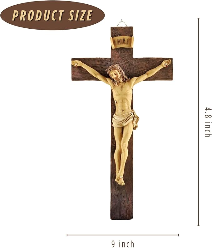 PlentifulHome 9” Resin Crucifix Wall Cross – Catholic Cross for Wall Decor, Jesus Christ Figurine, Inspirational Christian Religious Hanging for Home, Church & Spiritual Gifts