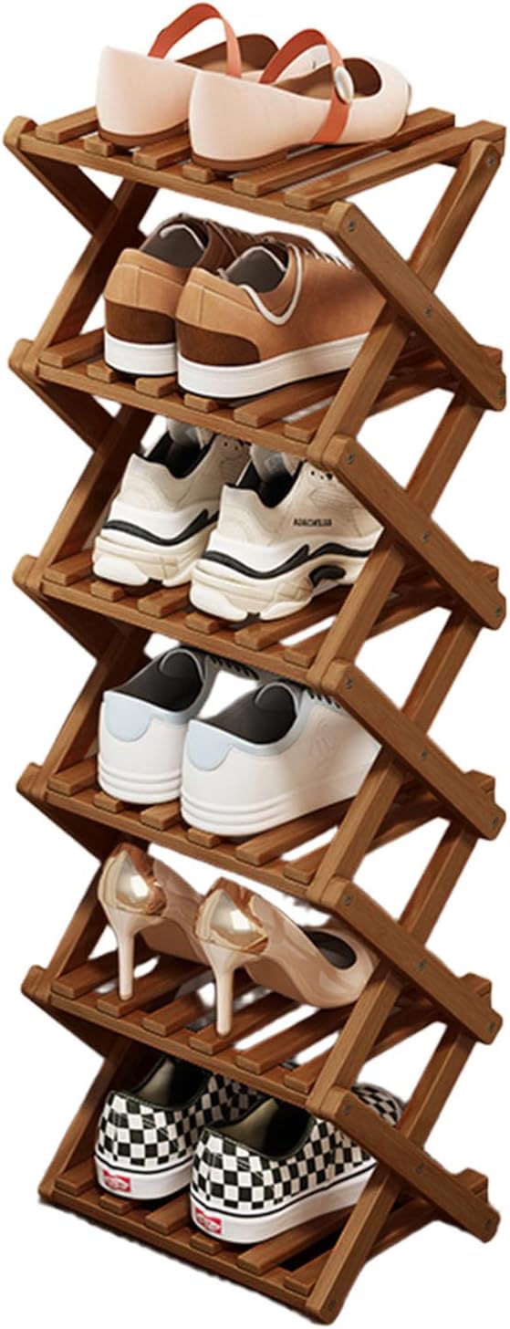 Simcat Bamboo Shoe Rack, Portable Folding Shoe Storage Rack,No Installation Free Standing Shoe Rack for Entryway, Closet, Dorm/Small Spaces (Six shades of tawny)