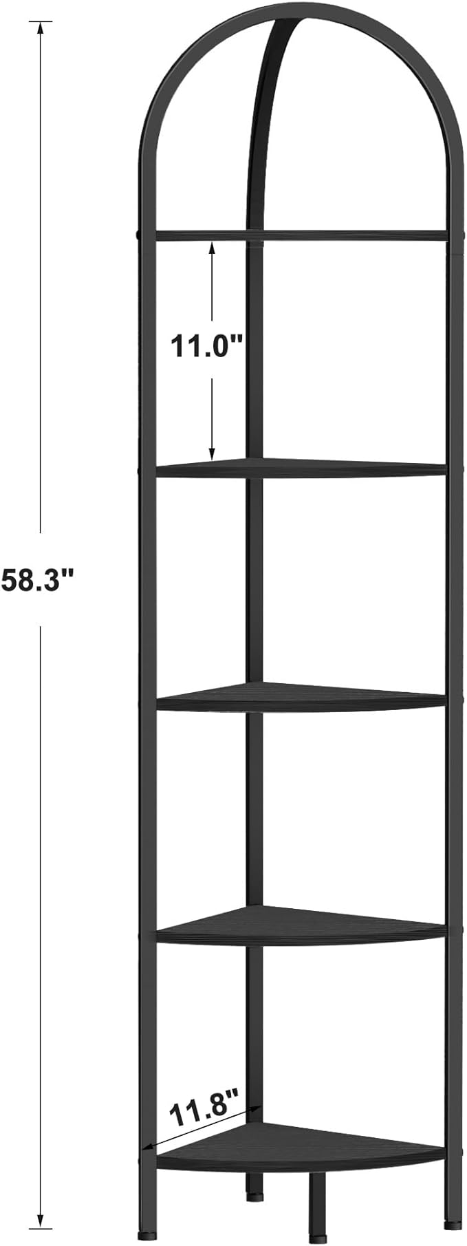 Homhedy 5-Tier Arched Corner Shelf Stand, Wall Corner Bookshelf with Metal Frame, Plant Stand, Industrial Storage Rack Shelf for Living Room, Bedroom, Office, Bathroom, Black