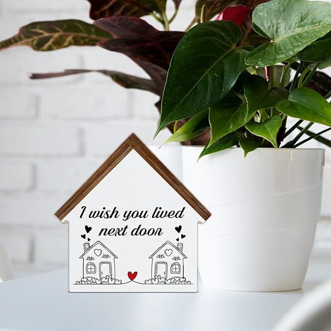 Housewarming Gifts, New House Decor, Gifts for Best Friend, I Wish You Lived Next Door House Shaped Wooden Block Sign Home Living Room Decor for Desk Table Shelf