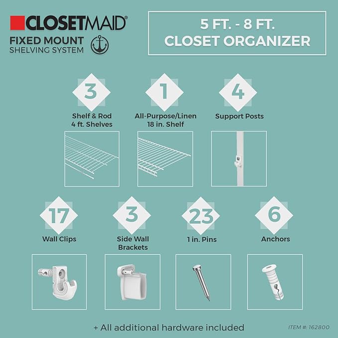 ClosetMaid Wire Closet Organizer System, Adjustable from 5 to 8 Ft., with Shelves, Hardware, Durable Steel, Fixed Mount Installation, White
