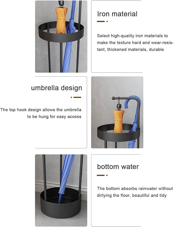 Golden Rust Proof Umbrella Holder, Entrance Drain Umbrella Bucket, Steel Circular Umbrella Holder, Umbrella Storage Rack, Suitable for use in Homes, Offices, Hotel Lobbies （Black）