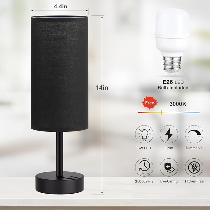 Dicoool Black Touch Bedroom Lamp with USB - 3 Way Dimmable Table Lamp for Bedroom, Nightstand Lamp with Black Charging Station for Desk Dorm, Office, Boy Kids Room, Small