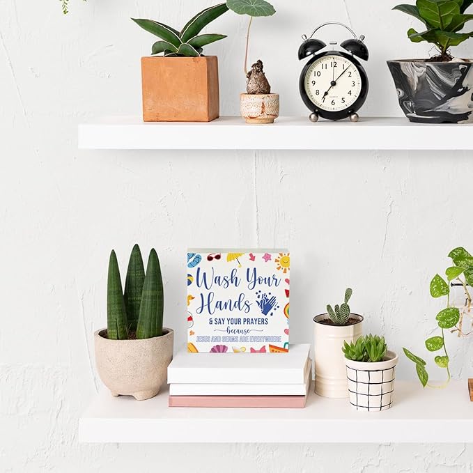 Wash Your Hands Sign Bathroom Decor Summer Bathroom Decor Summer Decorations Wooden Box Sign for Home Office Farmhouse Table Shelf