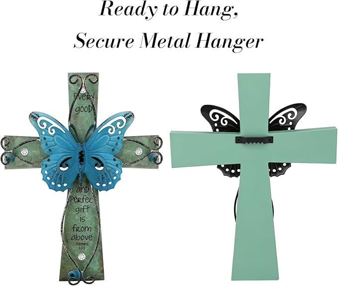 INHAI Handcrafted Christian Wall Cross 9x7,James 1:17 Verse on Wood with Antiqued Metal,Mother's Day Inspirational Home Decor Gift(Blue)
