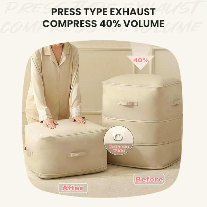 Ultra Space Saving Self Compression Organizer, 3-Layer Zipper Large Capacity Storage Bag, Thick Satin Fabric Heavy Duty Bags for Comforters Blankets Bedding Duvet (Beige, X-Large, 2PCS)