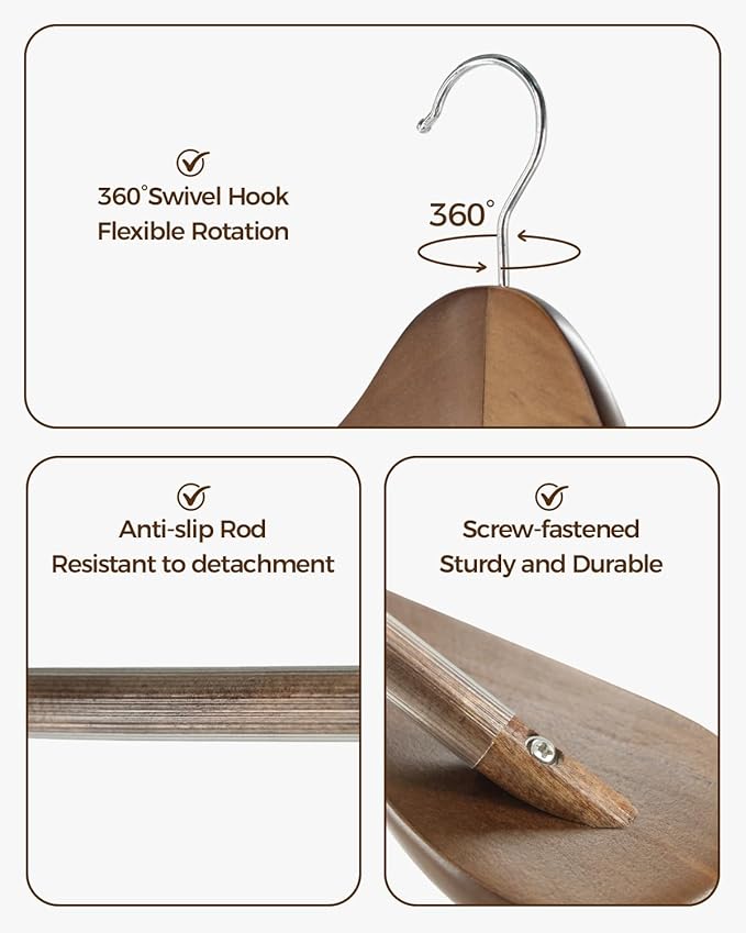 Premium Wooden Hangers 6-Pack – Wide Shoulder Non-Slip Design for Coats, Jackets & Suits | 360° Rotating Closet Organizers | Durable & Space-Saving (Vintage Wood)