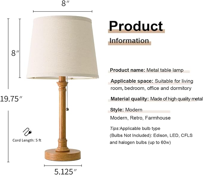 Oneach 19.5" Small Table Lamps Set of 2, Pull Chain Switch Bedside Metal Table Lamps, Modern Nightstand Lamp with Linen Shade, Rustic Lamp for Living Room, Bedroom, Home Office, Nursery