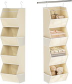 Hanging Closet Organizer 4 Shelf Collapsible Fabric Closet Organizers and Storage Hanging with Mesh Pocket for Clothes, Hanging Wardrobe Organizers and Storage for Sweater T-Shirt Shoes Toys, Beige