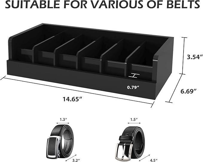 Belt Organizer for Closet - 6 Grids Black Bamboo Belt Storage Organizer Racks for Men Women's Drawer, Belt Display Holder Wall Mount with 2 Pcs Tie Clip