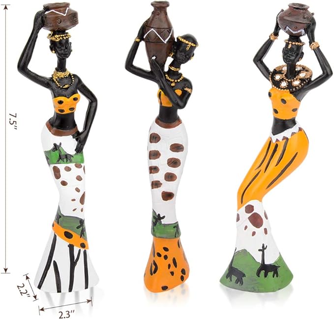 CYYKDA 3PACK Vintage African Statue. Hand Sculpture African American Figurines. Exotic Tribal Lady African Art Piece for Home Decor. Figurines Home Decor. Room Decor for Women-Yellow