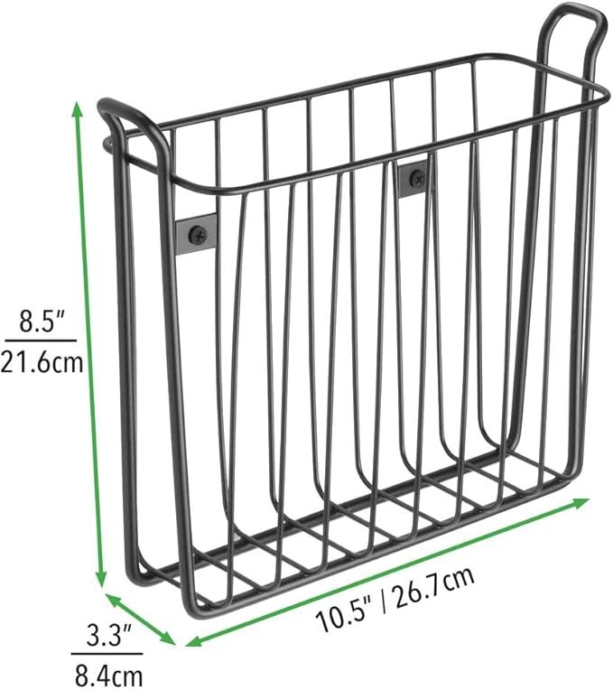 mDesign Metal Wall Mount Decorative Magazine Rack Organizer Bin Holder, Basket for Living Room, Bathroom, Bedroom, Home Office - Holds Books, Newspapers, Tablets - Concerto Collection - Black
