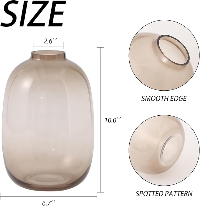 Brown Glass Vase, 10 Inches Large Glass Vase, Tall Glass Vases for Flowers, Modern Round Vases for Living Room, Dining Table, Shelf, Wedding, Office, Home