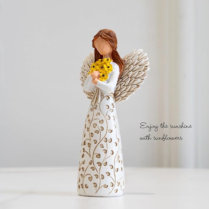 Hand-Painted Angel Figurine with Sunflower & Tree of Life Design - 5.9" Collectible Sculpture for Retirement Gifts, Home Decor, Sunflower Lovers