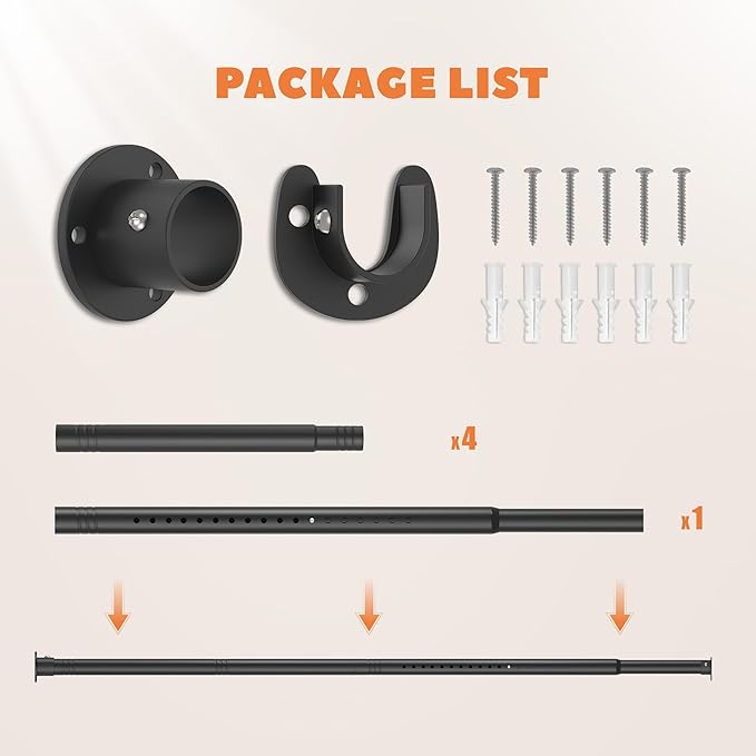 Closet Rod 50-75 Inches, Adjustable Heavy Duty Metal Black Closet Rods for Hanging Clothes 1.3 Inches Diameter for Wardrobes Laundry