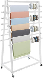 15 Tier Ribbon Holder Organizer Rack, Movable Scarf Towel Holder, Double-Sided Scarf Rack with Lockable Wheels, Floor Standing Ribbon Organizer for Craft Room Cake Shop Flower Store (White)