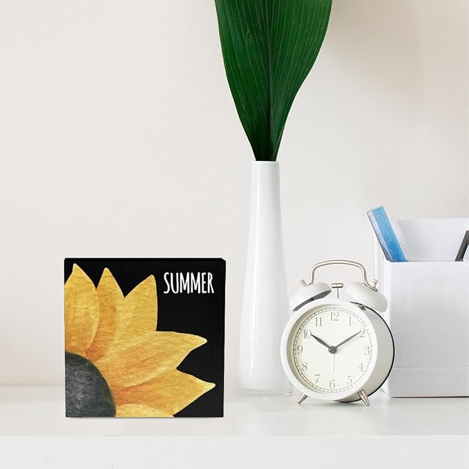 IYEZH Summer Decor Sunshine Wood Box Sign, Sunflower Summer - Rustic Country Wooden Square Sign, 5 x 5 Inches - Desk Decor, Wall Decor, Home, Office, Kitchen, Bathroom