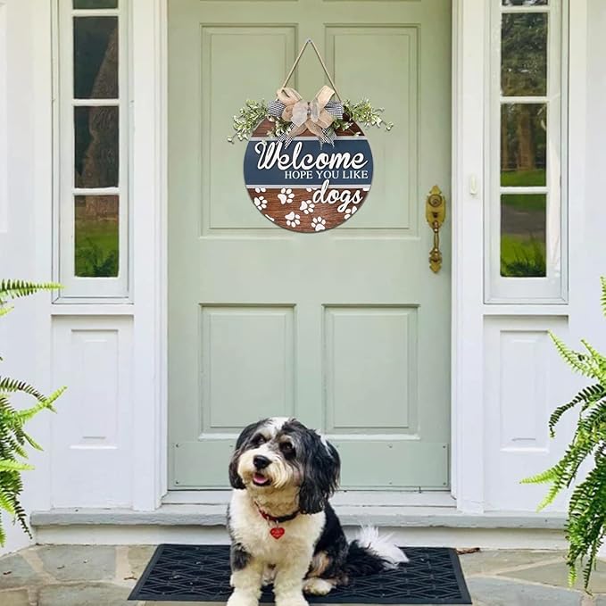 FWIEXA Funny 3D Welcome Hope You Like Dog Door Sign Plaque (12"x12"), Welcome Wreath Front Door Hanger with Dogs Footprints Bones, Cute Dog Lovers Gift