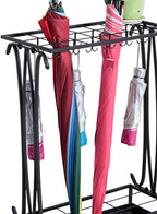10-Hole Umbrella Holder Stand with 8 Hooks - Removable Drip Tray Umbrella Rack for Entryway, Home & Office Storage Solutions
