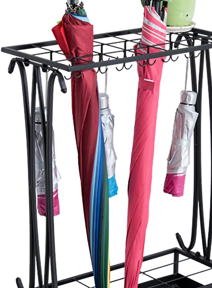 10-Hole Umbrella Holder Stand with 8 Hooks - Removable Drip Tray Umbrella Rack for Entryway, Home & Office Storage Solutions