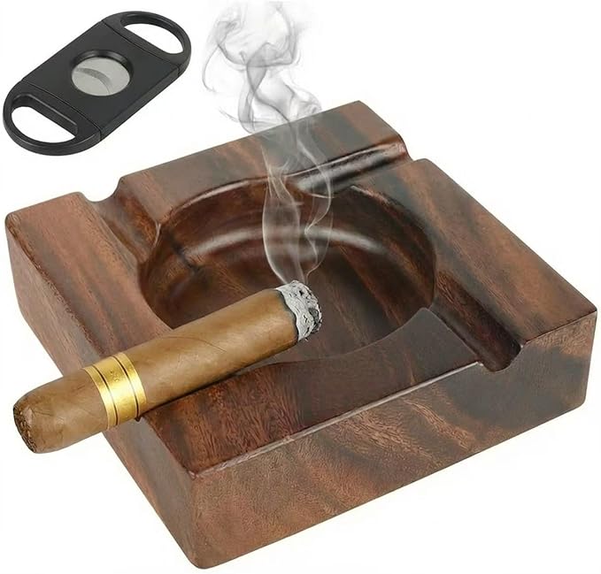 Premium Wooden Cigar Ashtray with Cigar Cutter, Large Cigarette Ash Tray Set with 4 Slot Holder, Accessories Outdoor Indoor Home Bar Use, Ideal Gift Christmas Father's day for Men