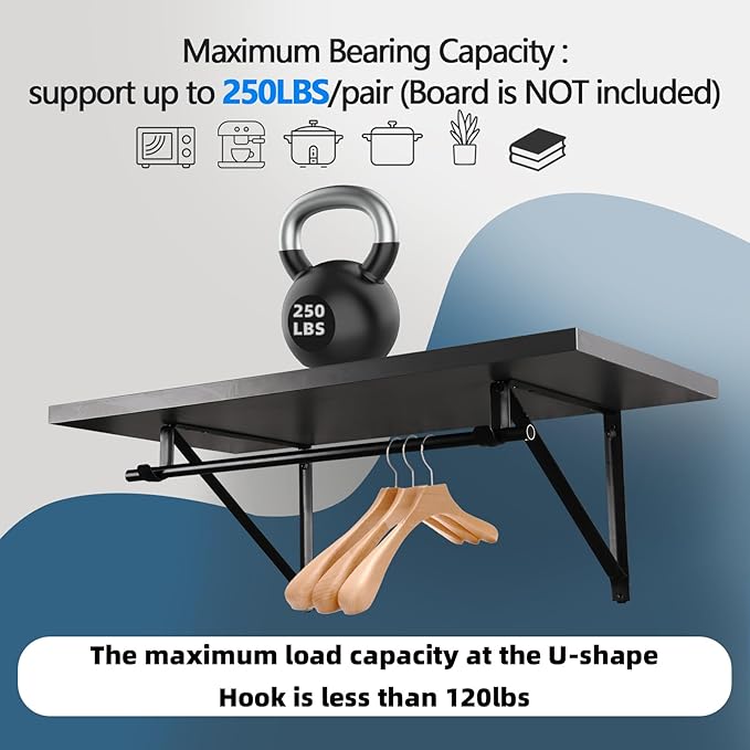 HOME MASTER HARDWARE Heavy Duty Closet Rod Brackets 2 Pack, Wall Mounted Shelf Bracket with Rod Shelving Support, 11 x 9.5 in Shelves Support Brace with Hook Black with Screws