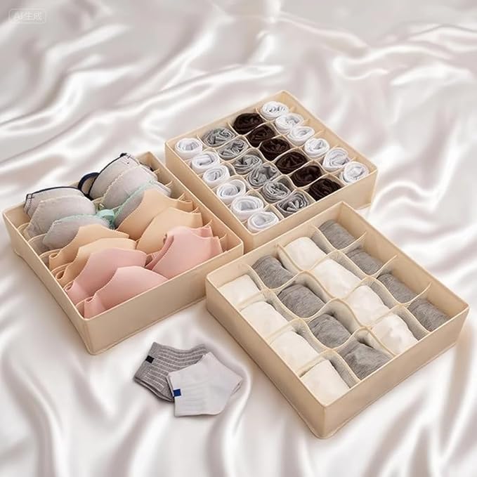 3 Pack Sock and Underwear Drawer Organizer 24 Cell Sock Holders For Closet Organization and Storage Dividers,Foldable(Beige)