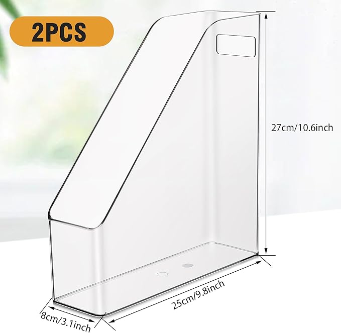 MAQUITA Magazine Holder, 2 Pack Acrylic Magazine File Holder,A4 Vertical File Organizer with Handle for Desk,Clear Document Rack File Folder Storage Bin