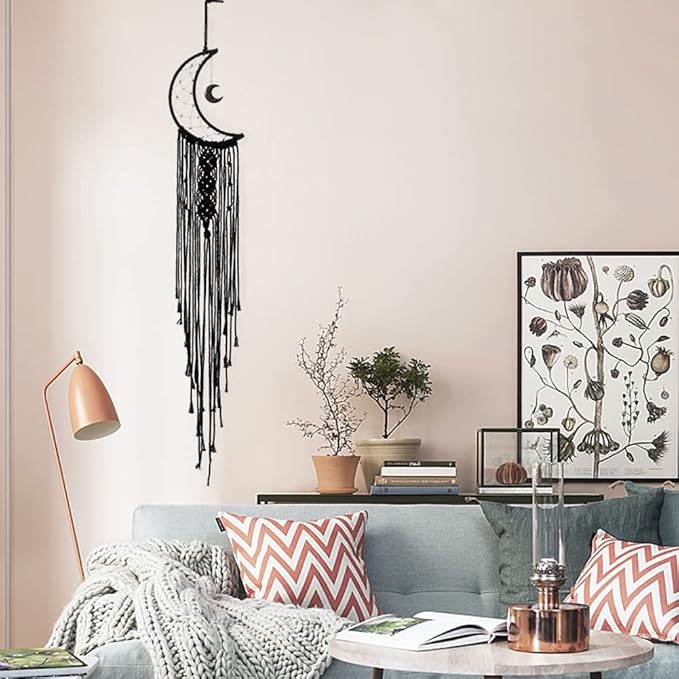 MOONFLY Black Moon Dream Catcher with Handmade Woven Cotton Macrame Wall Hanging Boho Home Decoration Ornament Craft Gift