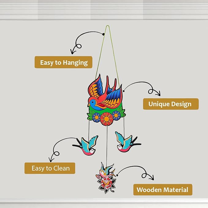 Decorative Bird Mobile Wall Hanging, Colorful Swallow Design with Flowers, Traditional Tattoo Style Art Evil Eye (Bird_Hanging_D_1)