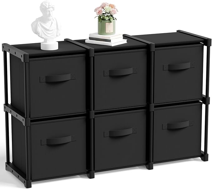 6 Cube Storage Organizer with Shelf Back to School Boxes 11 Inch Toy Storage Bins Closet Organizers Drawers Fabric Dresser for Playroom Books Bedroom Dorm Kitchen (Black)