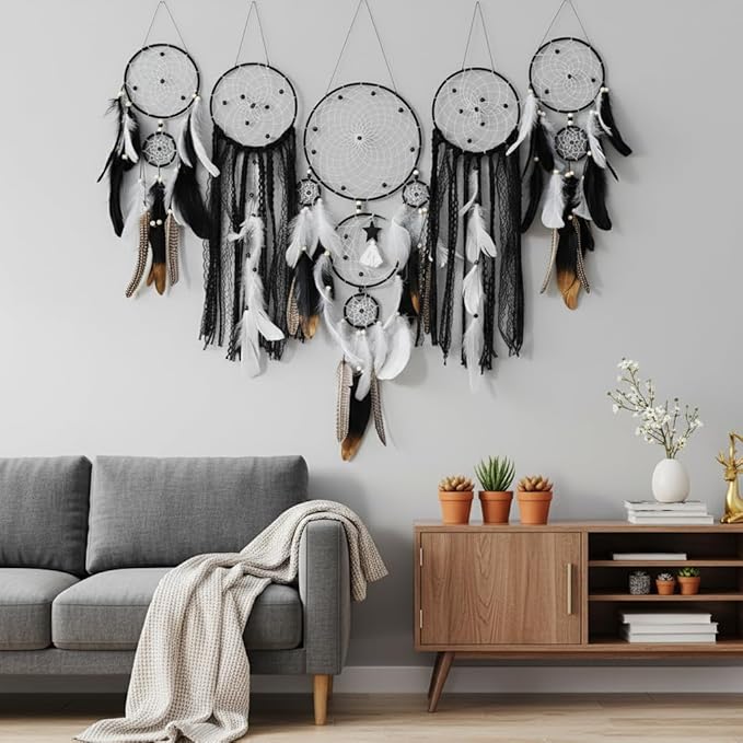 5 Pack Dream Catchers Boho Wall Decor Moon and Sun Feather Handmade Traditional Dream Catcher Wall Hanging Decor for Bedroom Living Room Home Halloween Decorations Witchy Gifts (Black Set)