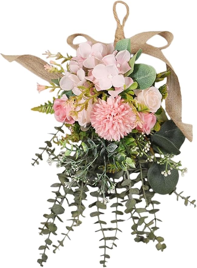 Artificial Eucalyptus Wreath Fake Floral Swag Front Door Teardrop Wreath Front Door Hanging Garland for Festival Holiday Home Party Supplies - Pink